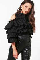 Boohoo Lola Crop Cold Shoulder Ruffle Shirt Black