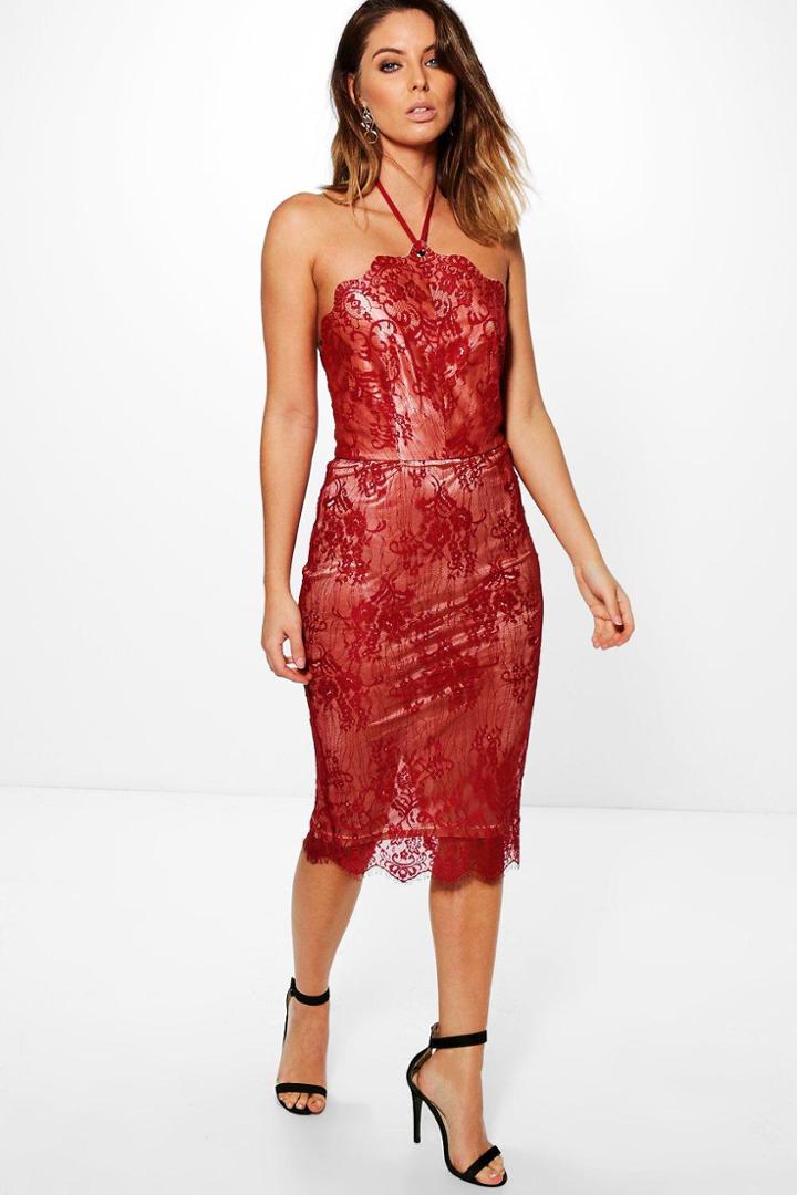 Boohoo Abra Lace Scallop Neckline Midi Bodycon Dress Berry