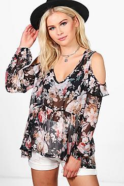 Boohoo Amber Floral Ruffle Hem Cold Shoulder Blouse