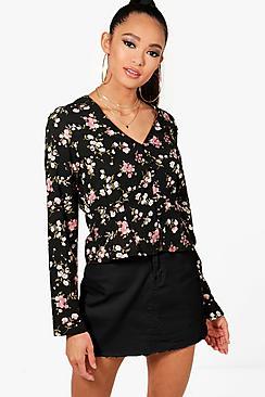 Boohoo Laila Printed Button Detail Blouse