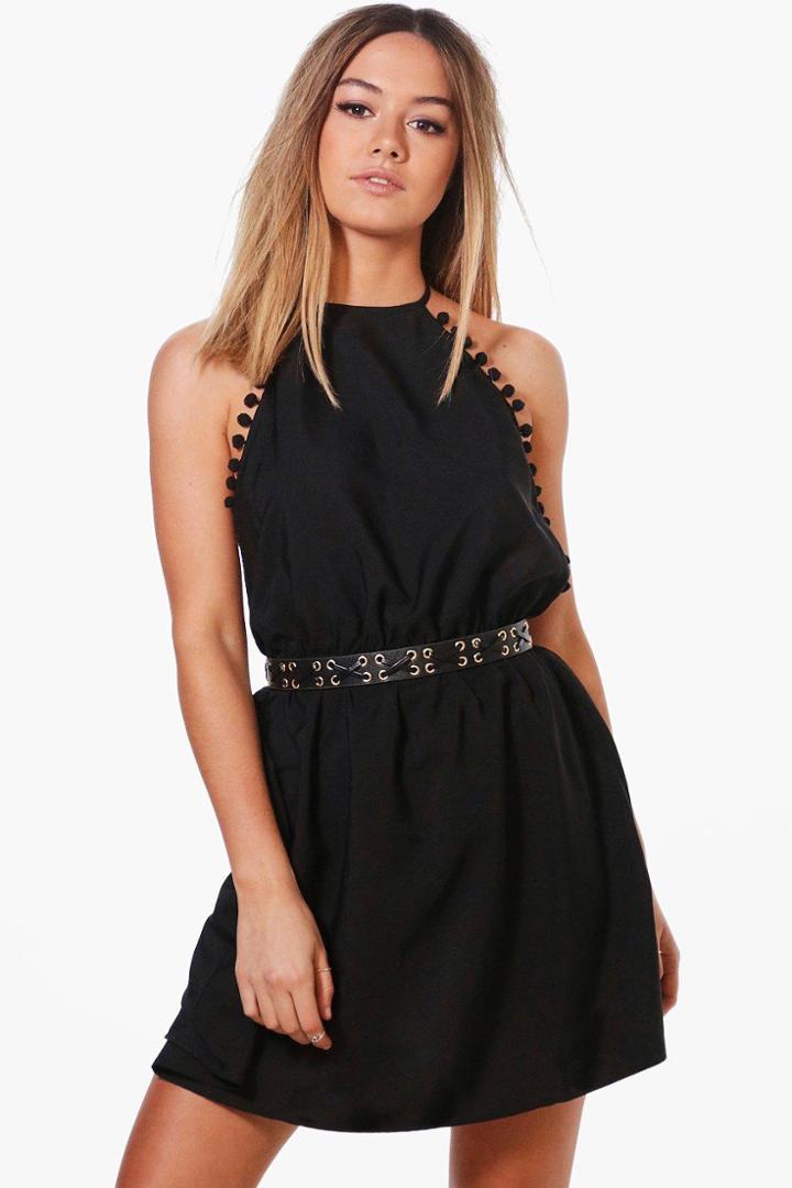 Boohoo Petite Poppy Pom Pom Trim Woven Sun Dress Black