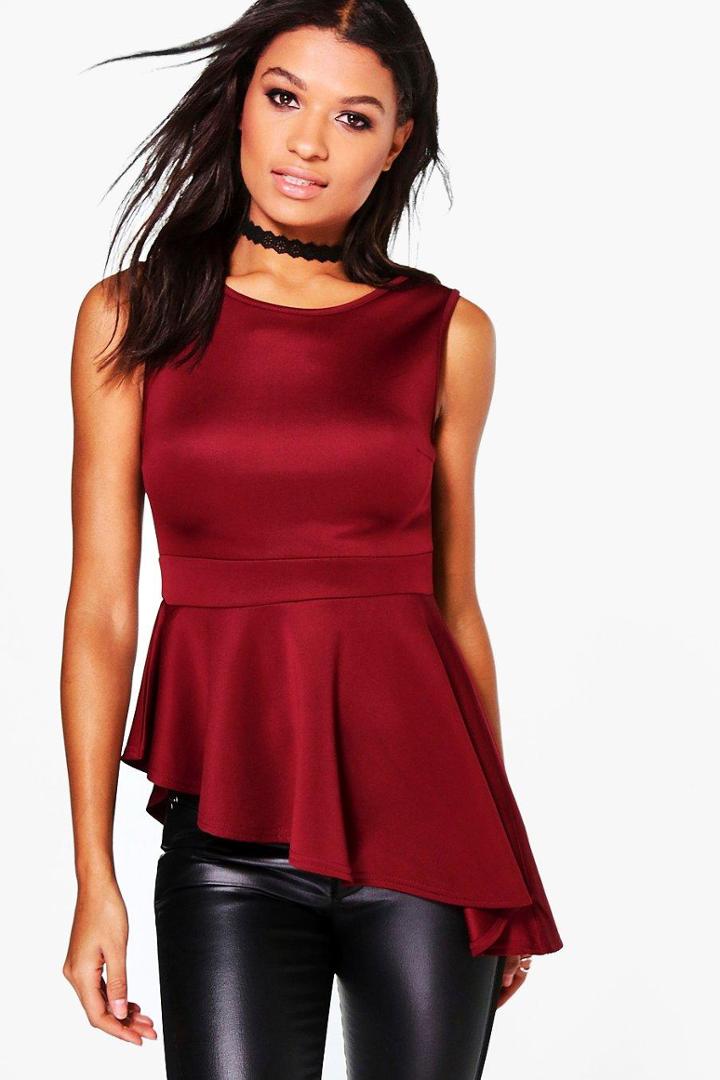 Boohoo Helen Asymmetrical Peplum Top Red