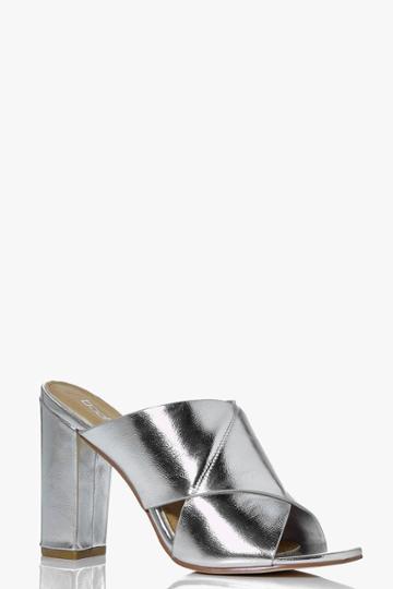Boohoo Faye Cross Strap Peeptoe Block Heel Mule Silver
