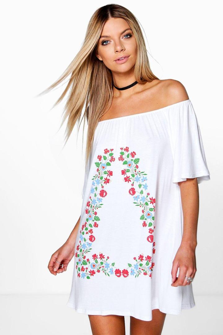 Boohoo Ciara Large Folk Printed Gypsy Shift Dress White