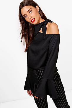 Boohoo One Shoulder Neck Tie Blouse