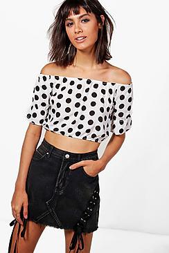 Boohoo Holly Spot Print Off The Shoulder Crop Top