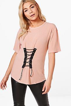 Boohoo Lola Corset Detail Rib Knit T-shirt