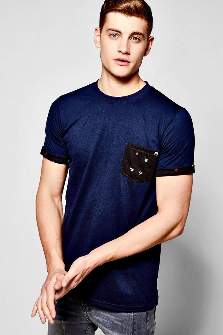 Boohoo Short Sleeve Pocket T Shirt With Print Navy