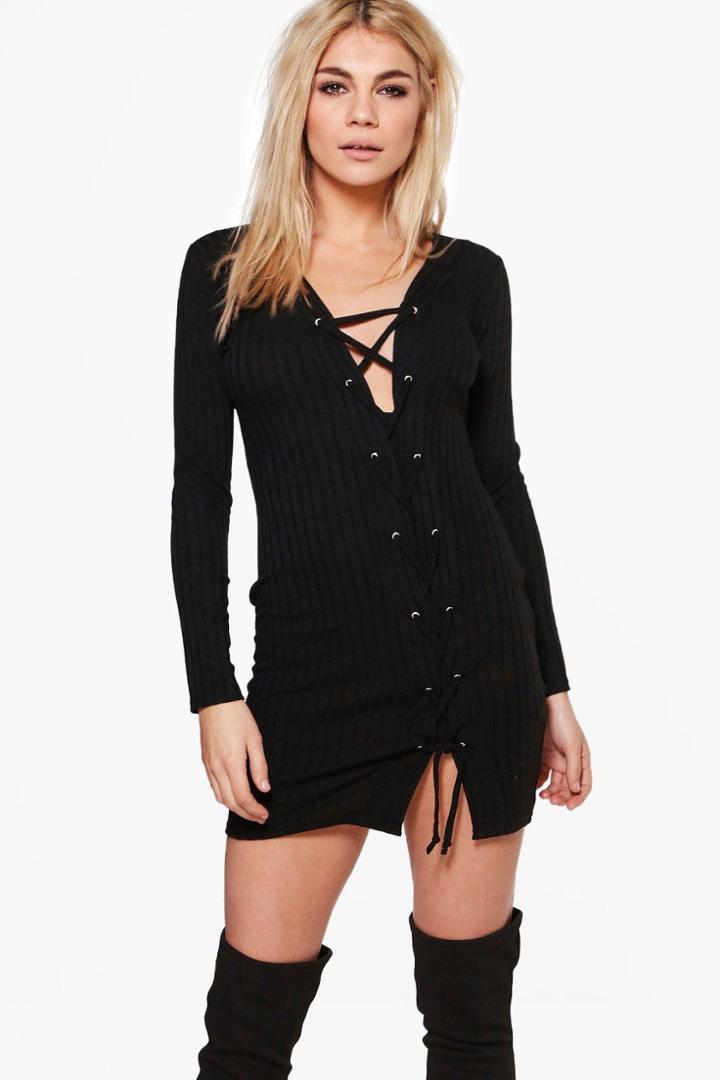 Boohoo Jessica Asymmetric Lace Up Rib Knit Dress Black