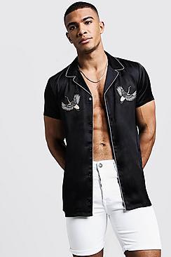 Boohoo Short Sleeve Satin Shirt With Bird Embroidery