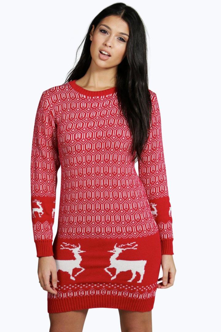 Boohoo Emma Reindeer Christmas Jumper Dress Red