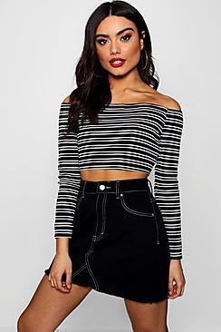 Boohoo Jessica Rib Knit Stripe Crop Bardot
