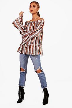 Boohoo Evelyn Stripe Woven Off The Shoulder Top