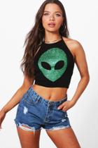 Boohoo Leah Glitter Alien Print Halter Crop Black