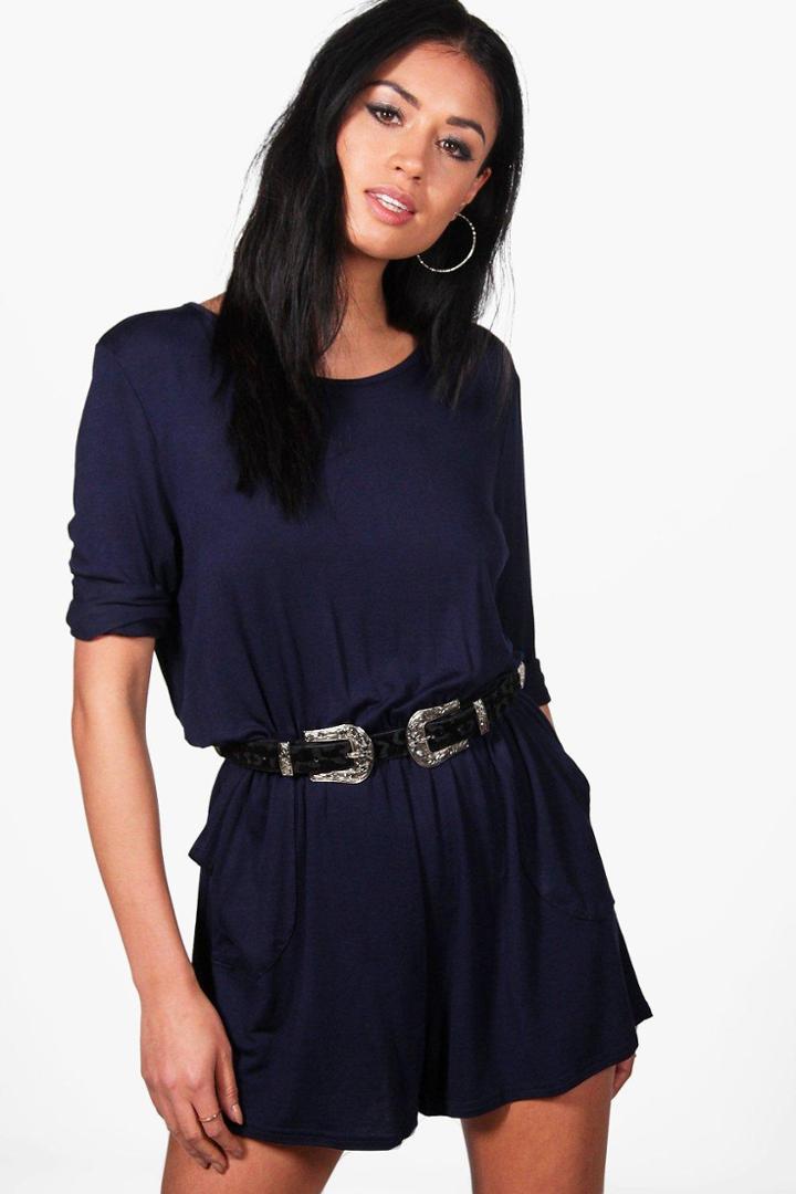 Boohoo Laura Casual 3/4 Sleeve Playsuit Navy