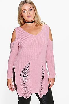 Boohoo Plus Shona Distressed Open Shoulder Jumper