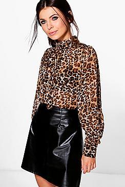 Boohoo Josie Printed Tie Neck Blouse
