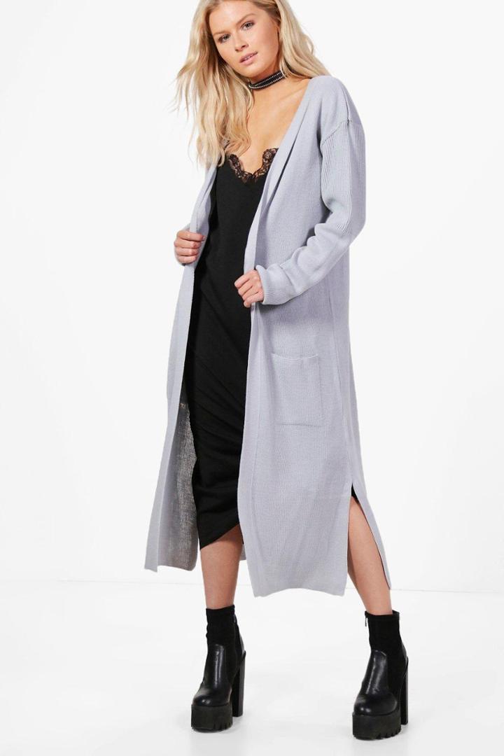 Boohoo Amanda Half Rib Sleeve Maxi Cardigan Grey