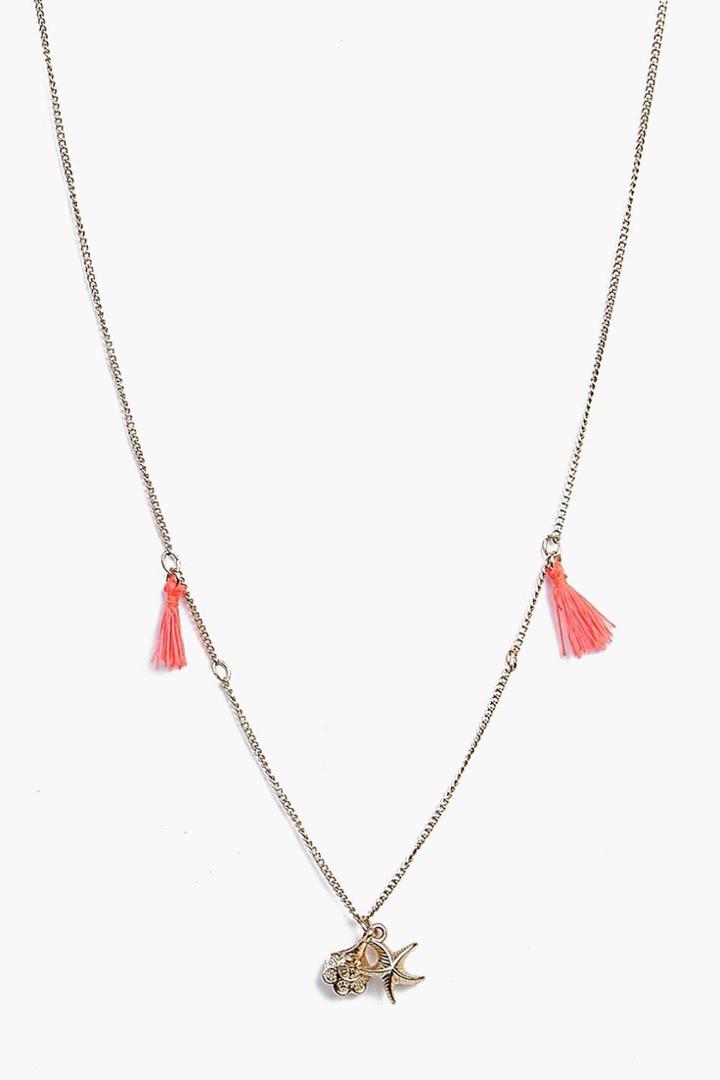 Boohoo Elena Skinny Tassel And Shell Necklace Gold