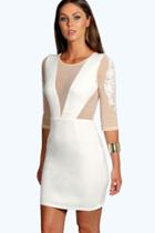Boohoo Boutique Pam Panelled Mesh Bodycon Dress Ivory