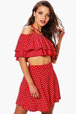 Boohoo Joanna Polka Dot Off Shoulder Crop & Skirt Co-ord Set