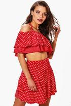Boohoo Joanna Polka Dot Off Shoulder Crop & Skirt Co-ord Set