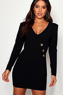 Boohoo Puff Sleeve Button Detail Bodycon Dress
