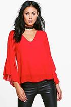 Boohoo Hannah Flare Sleeve Drape Back Woven Top
