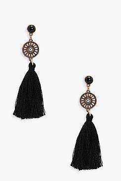 Boohoo Mae Diamante Circle Tassel Earrings