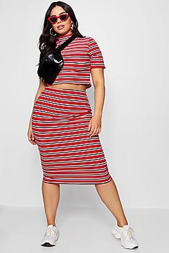 Boohoo Plus Fiona Stripe Lettuce Hem Skirt