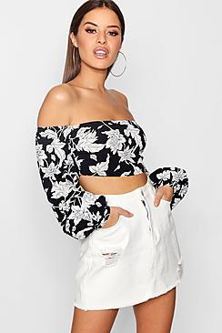 Boohoo Petite Jessy Bold Floral Balloon Sleeve Crop Top