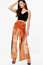 Boohoo Imani Split Front Velvet Wide Leg Trousers Copper