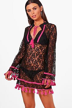 Boohoo Petite Lace Pom Pom Tassel Beach Dress