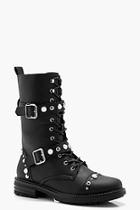 Boohoo Vickie Stud & Pearl Trim Lace Up Biker Boot