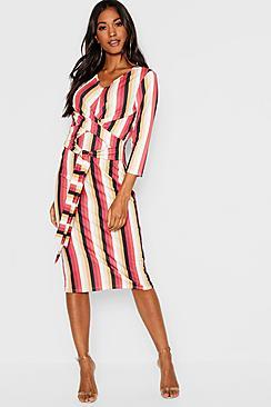 Boohoo Knot Front Striped Midi Dress