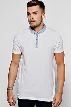 Boohoo Chambray Button Down Collar Jersey Polo