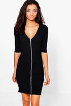 Boohoo Tall Kylo Ribbed Zip Through Dress Black