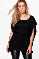 Boohoo Plus Ebony Tie Waist Drape Top Black