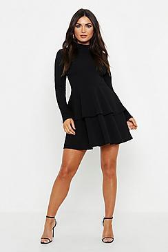 Boohoo Crepe Long Sleeve Tiered Skater Dress