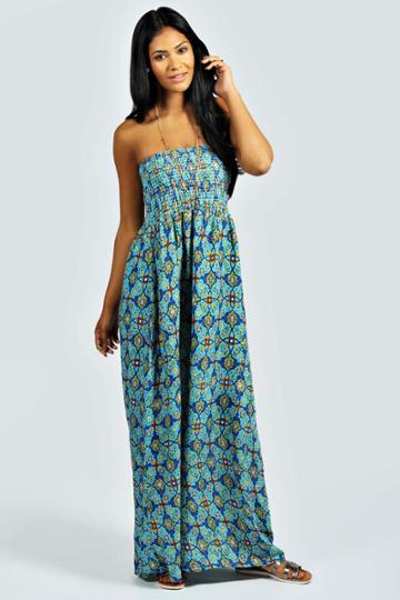 Boohoo Leah Paisley Tile Print Bandeau Maxi Dress - Blue