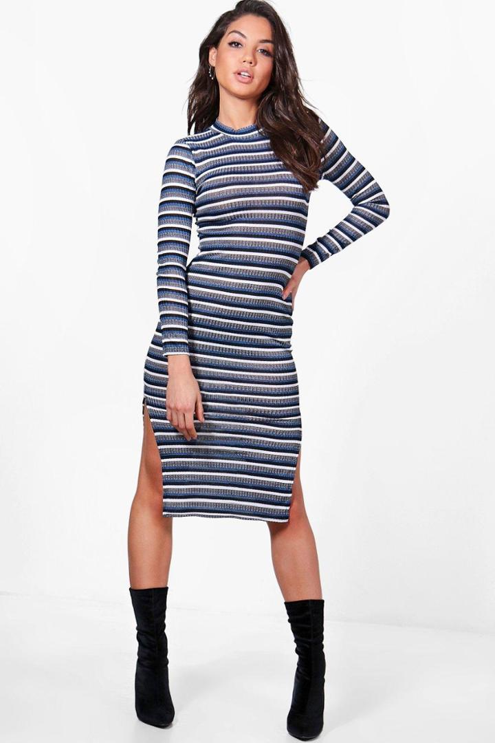 Boohoo Natalie Multi Stripe Midi Bodycon Dress Blue