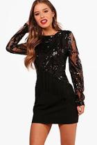 Boohoo Petite Samantha Long Sleeve Sequin Tassel Dress