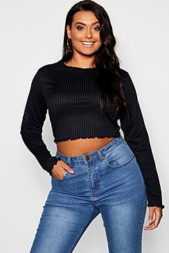 Boohoo Plus Rib Lattice Hem Long Sleeve Top