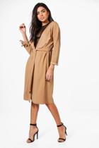 Boohoo Sofia Gathered Back Longline Duster Camel