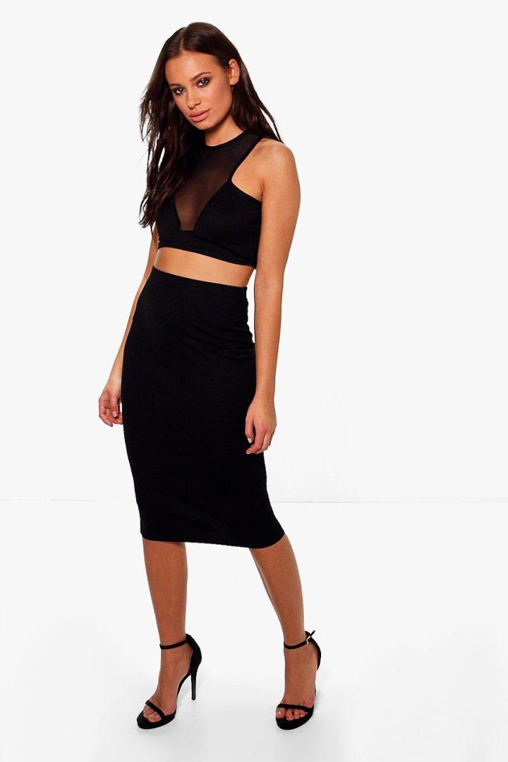 Boohoo Nadia Mesh Detail Crop & Midi Skirt Co-ord Set Black