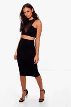Boohoo Nadia Mesh Detail Crop & Midi Skirt Co-ord Set Black
