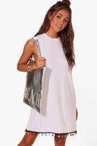 Boohoo Frankie Pom Pom High Neck Dress White