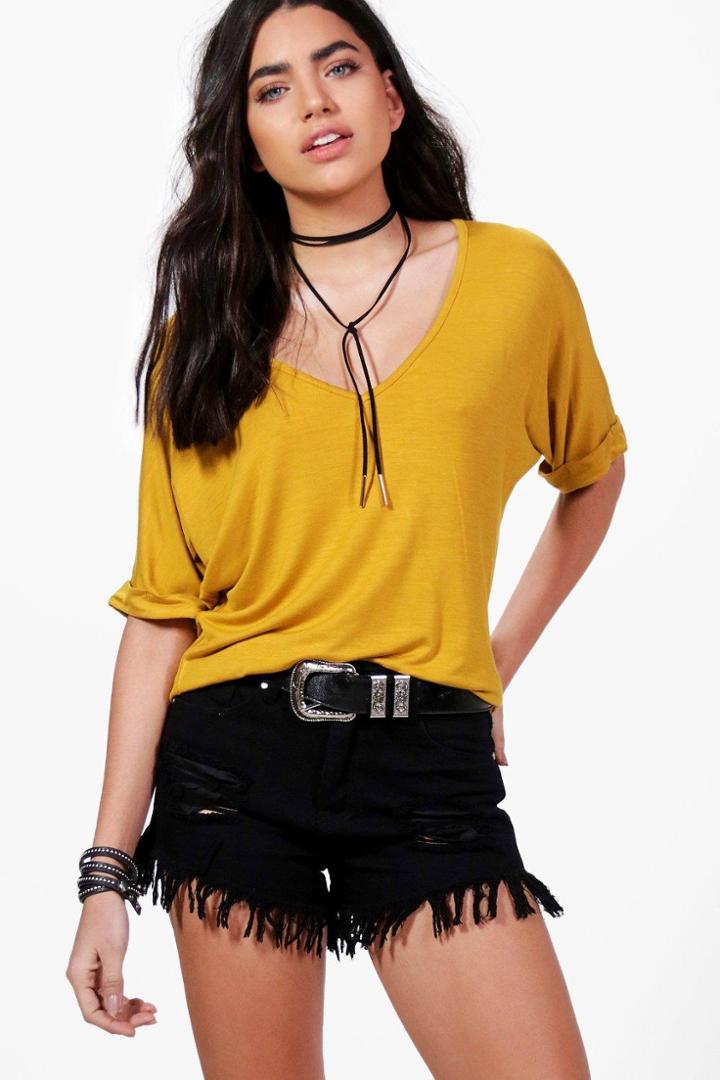 Boohoo Aria Oversized V Neck T Shirt Mustard