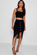 Boohoo Rouched Ribbed Mock Horn Button Midi Skirt