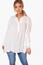 Boohoo Plus Libby Woven Crinkle Tie Sleeve Shirt White